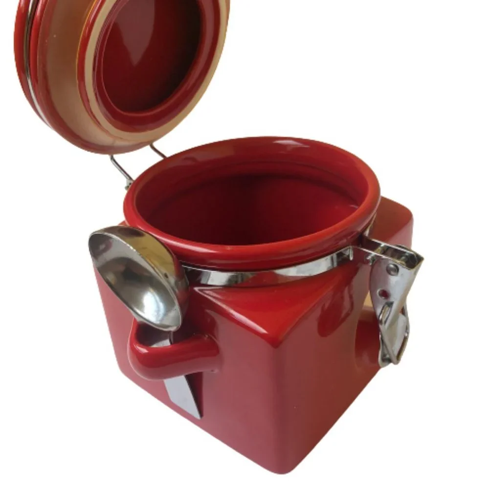 OGGI Red Ceramic Coffee Square Canister Handle & Spoon
